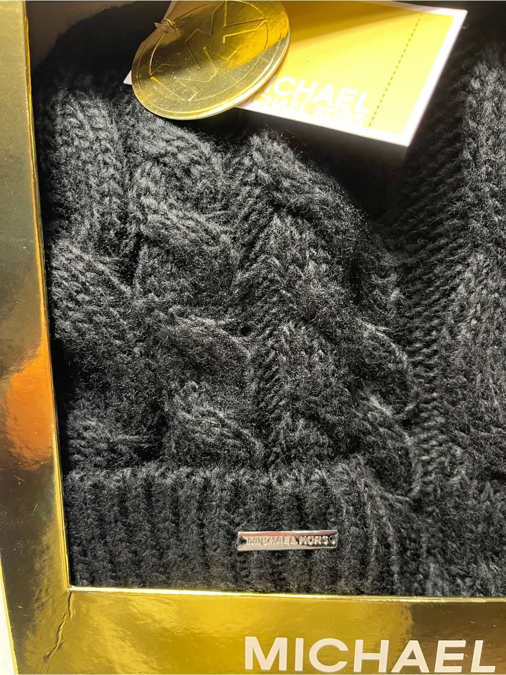 Michael Kors Black Cable Knit Scarf & Hat Gift Set NWT